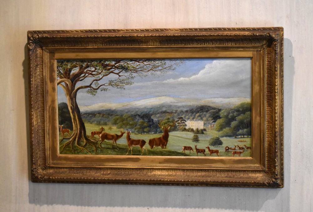 Oil painting of a country house landscape with deer