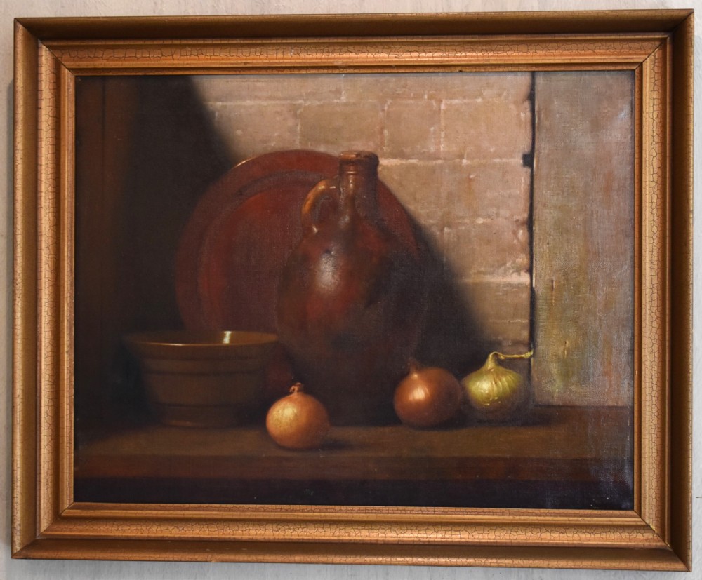 A framed oil painting depicting a rustic still life arrangement with a stoneware flagon, a terracotta bowl, and three onions on a wooden ledge. View II