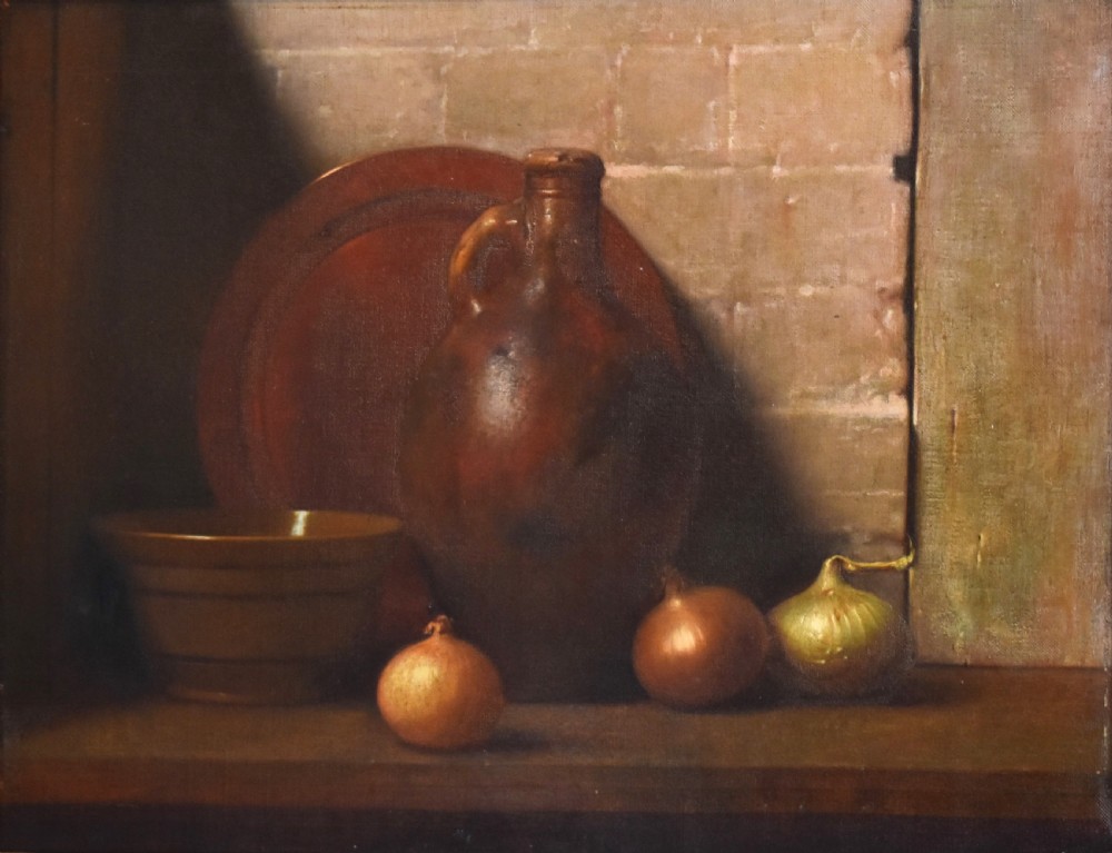 A framed oil painting depicting a rustic still life arrangement with a stoneware flagon, a terracotta bowl, and three onions on a wooden ledge. View III