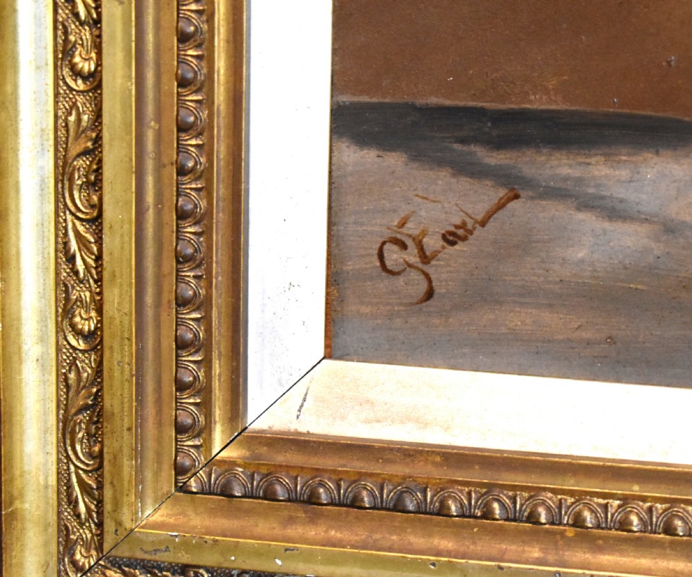 An oil painting of a sable and white Rough Collie standing in profile, set within an ornate gilded wood frame. View V