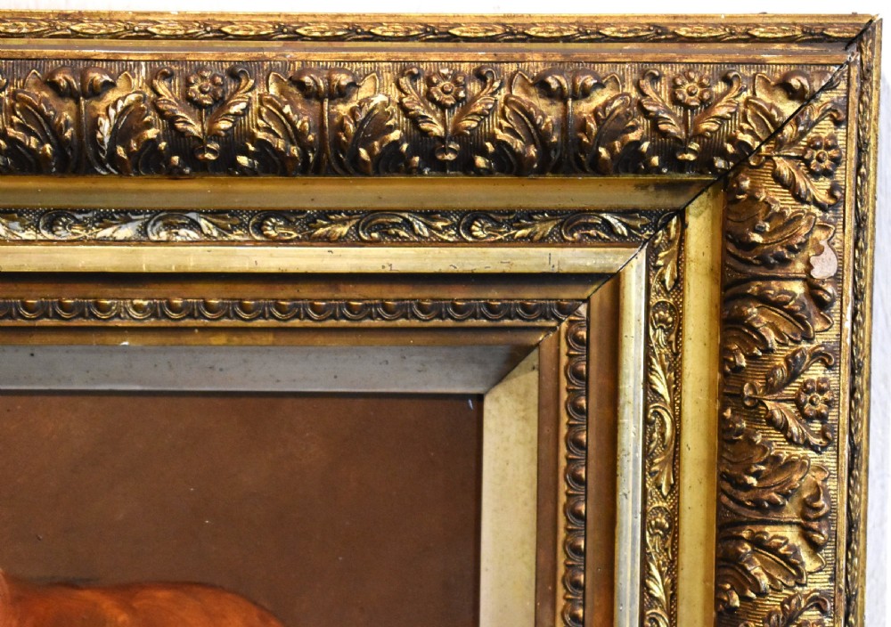 An oil painting of a sable and white Rough Collie standing in profile, set within an ornate gilded wood frame. View VI