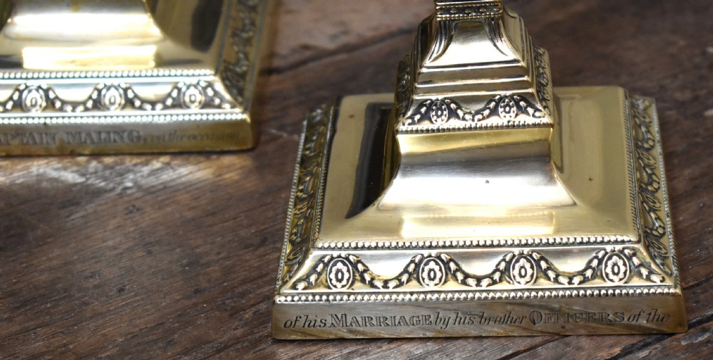 Pair of military related brass candlesticks View VI