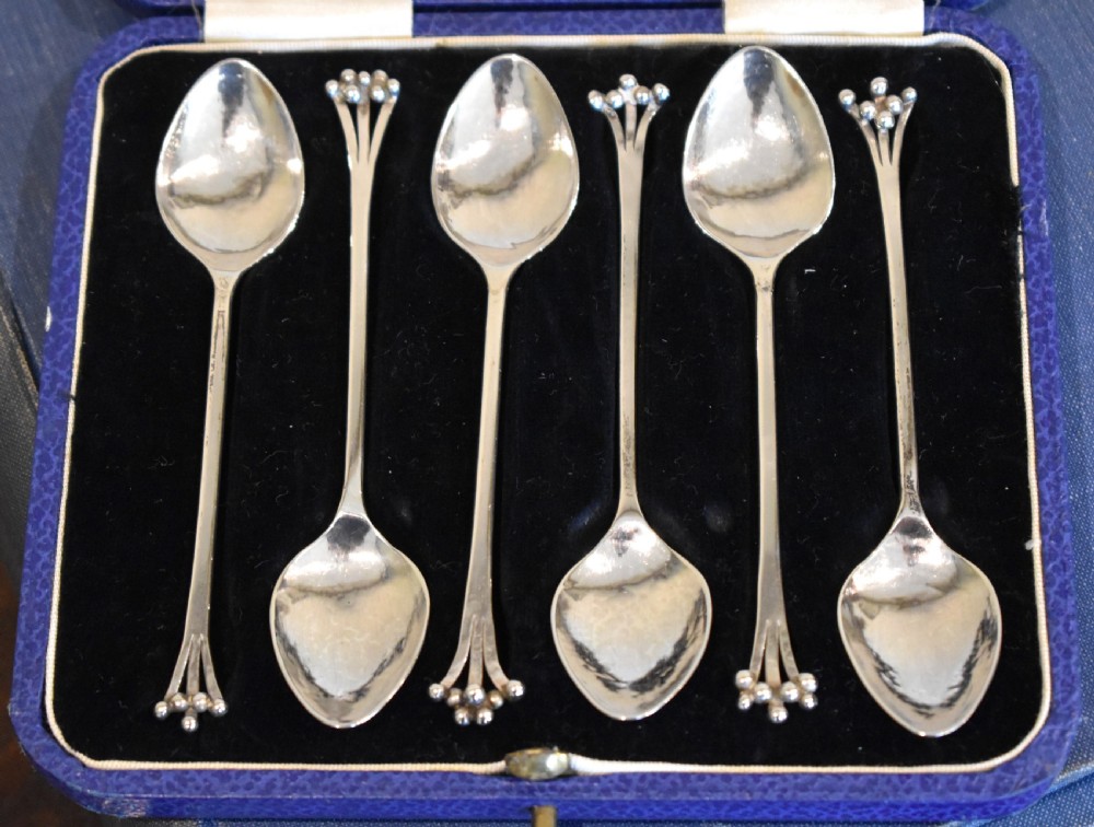 Set of six solid silver Scottish Arts and Crafts coffee spoons View II