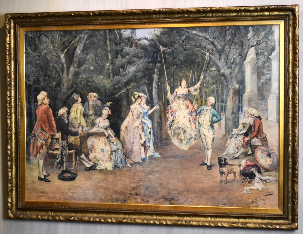 A large framed watercolour painting by Arturo Orselli depicting figures in 18th-century period attire gathered at a garden party with a woman on a swing. View II
