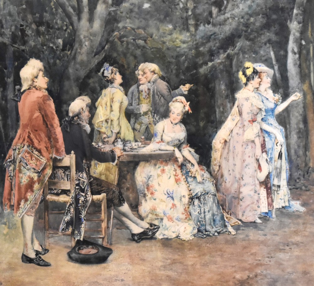 A large framed watercolour painting by Arturo Orselli depicting figures in 18th-century period attire gathered at a garden party with a woman on a swing. View III