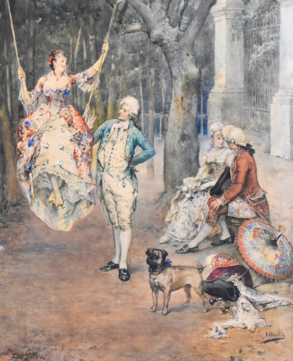 A large framed watercolour painting by Arturo Orselli depicting figures in 18th-century period attire gathered at a garden party with a woman on a swing. View IV