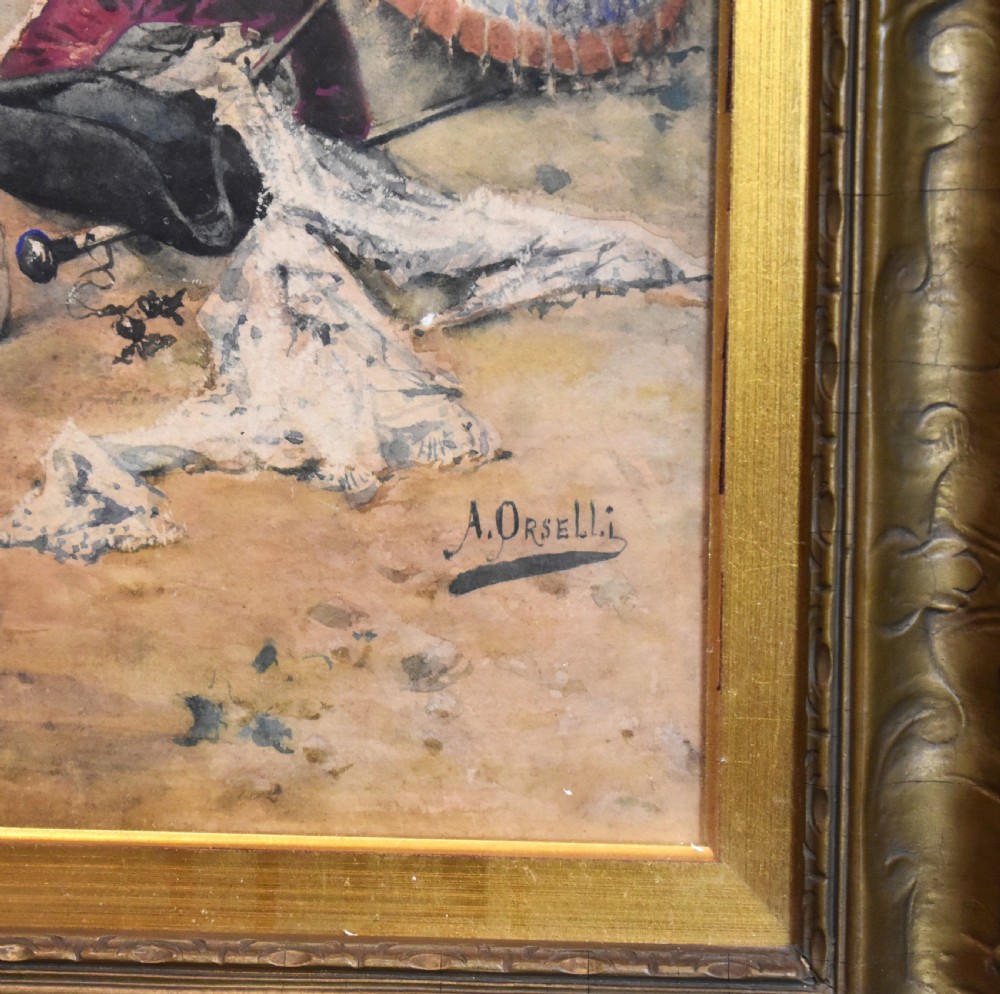 A large framed watercolour painting by Arturo Orselli depicting figures in 18th-century period attire gathered at a garden party with a woman on a swing. View V