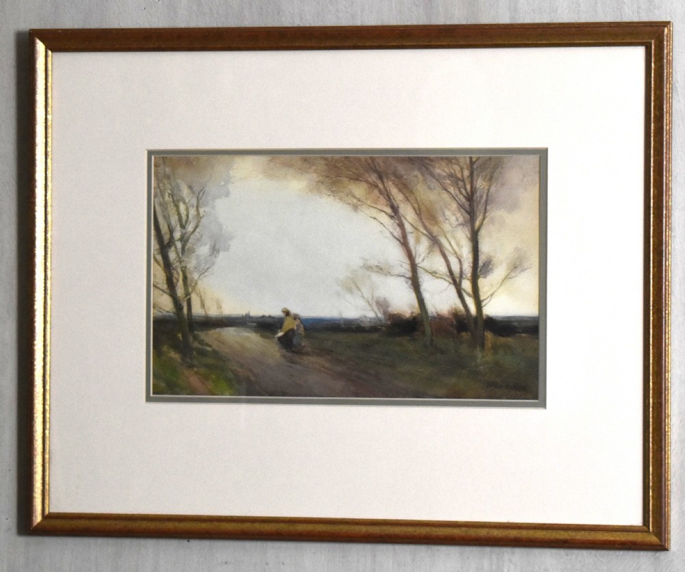 A framed antique watercolour landscape painting depicting a rural path lined with bare trees under a twilight sky. View II