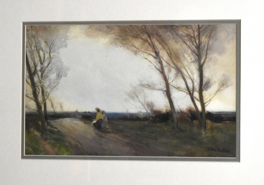 A framed antique watercolour landscape painting depicting a rural path lined with bare trees under a twilight sky. View III