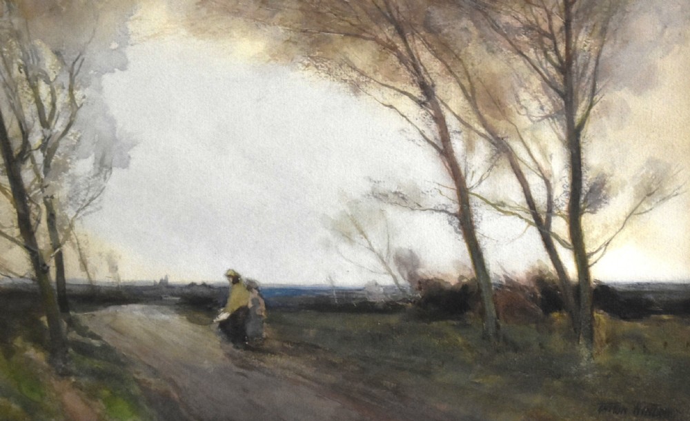 A framed antique watercolour landscape painting depicting a rural path lined with bare trees under a twilight sky. View IV