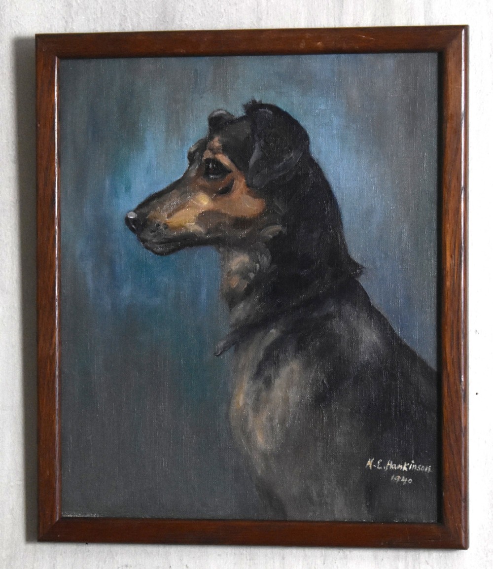 A profile view oil painting depicting a black and tan dog set against a textured blue background within a dark wooden frame. View II