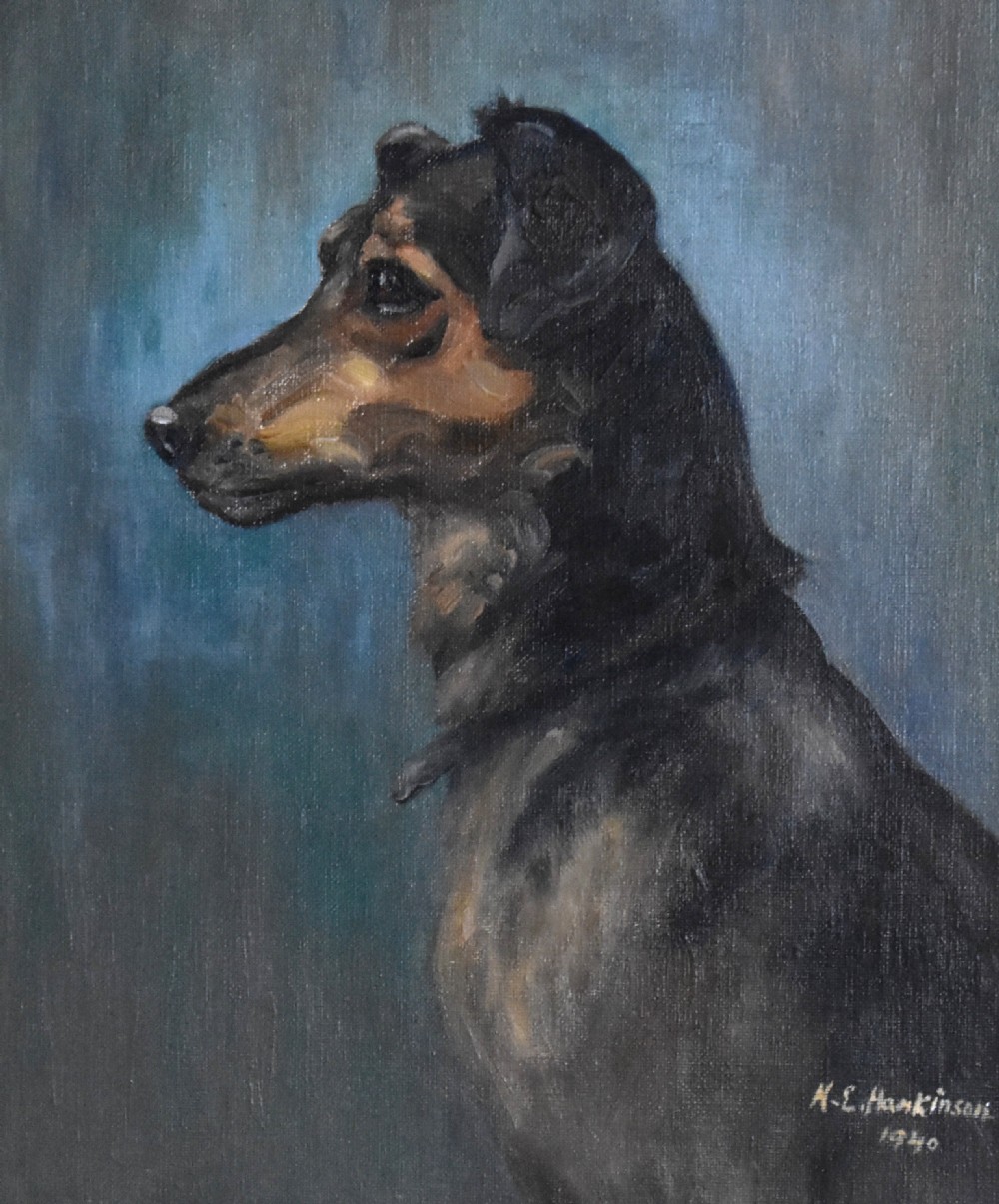 A profile view oil painting depicting a black and tan dog set against a textured blue background within a dark wooden frame. View III