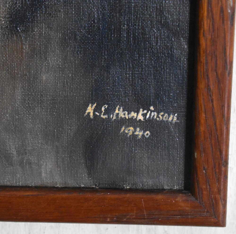 A profile view oil painting depicting a black and tan dog set against a textured blue background within a dark wooden frame. View IV