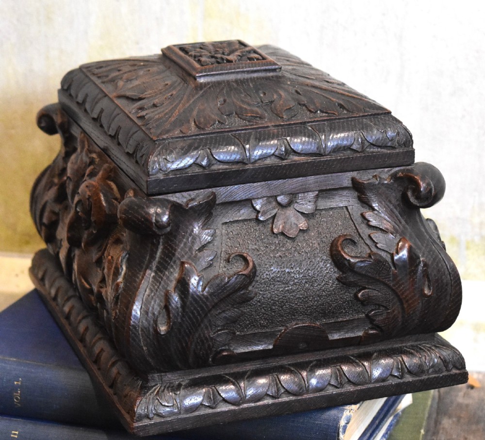 Green man carved oak Gothic revival casket View III
