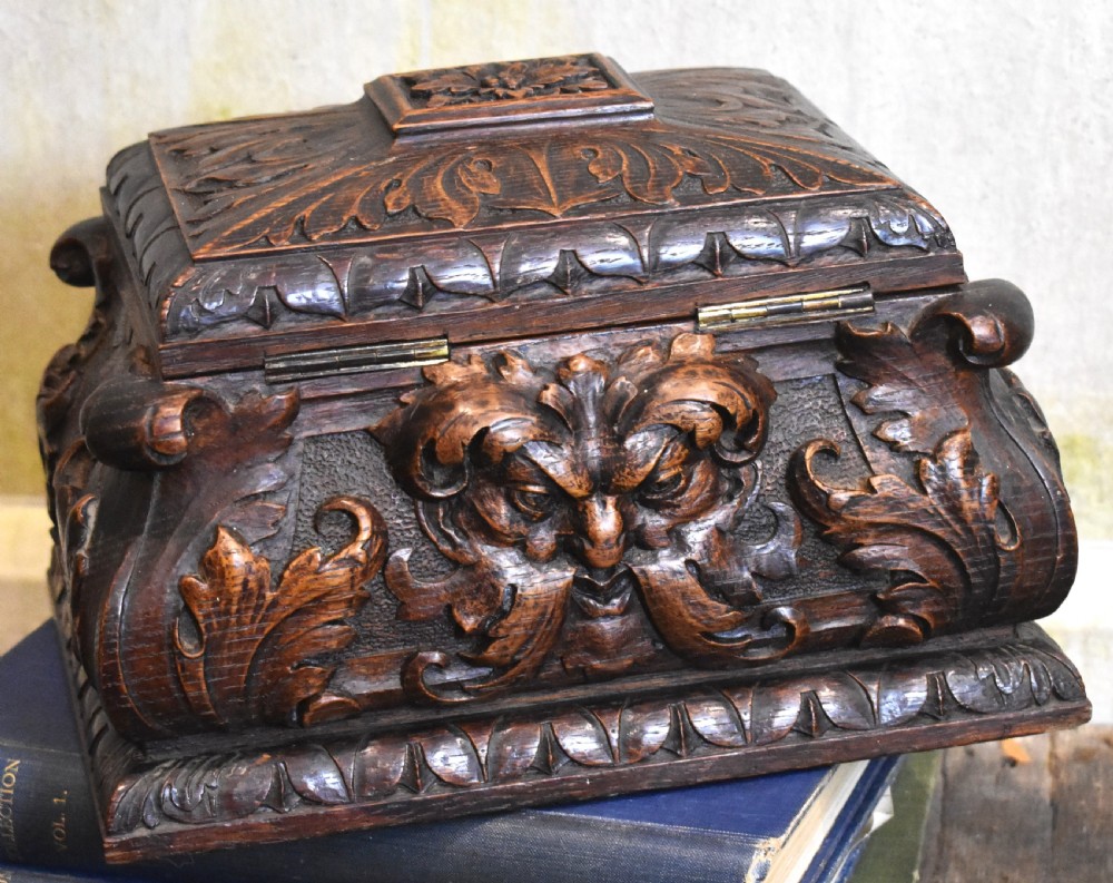 Green man carved oak Gothic revival casket View IV