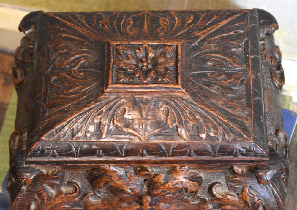 Green man carved oak Gothic revival casket View V