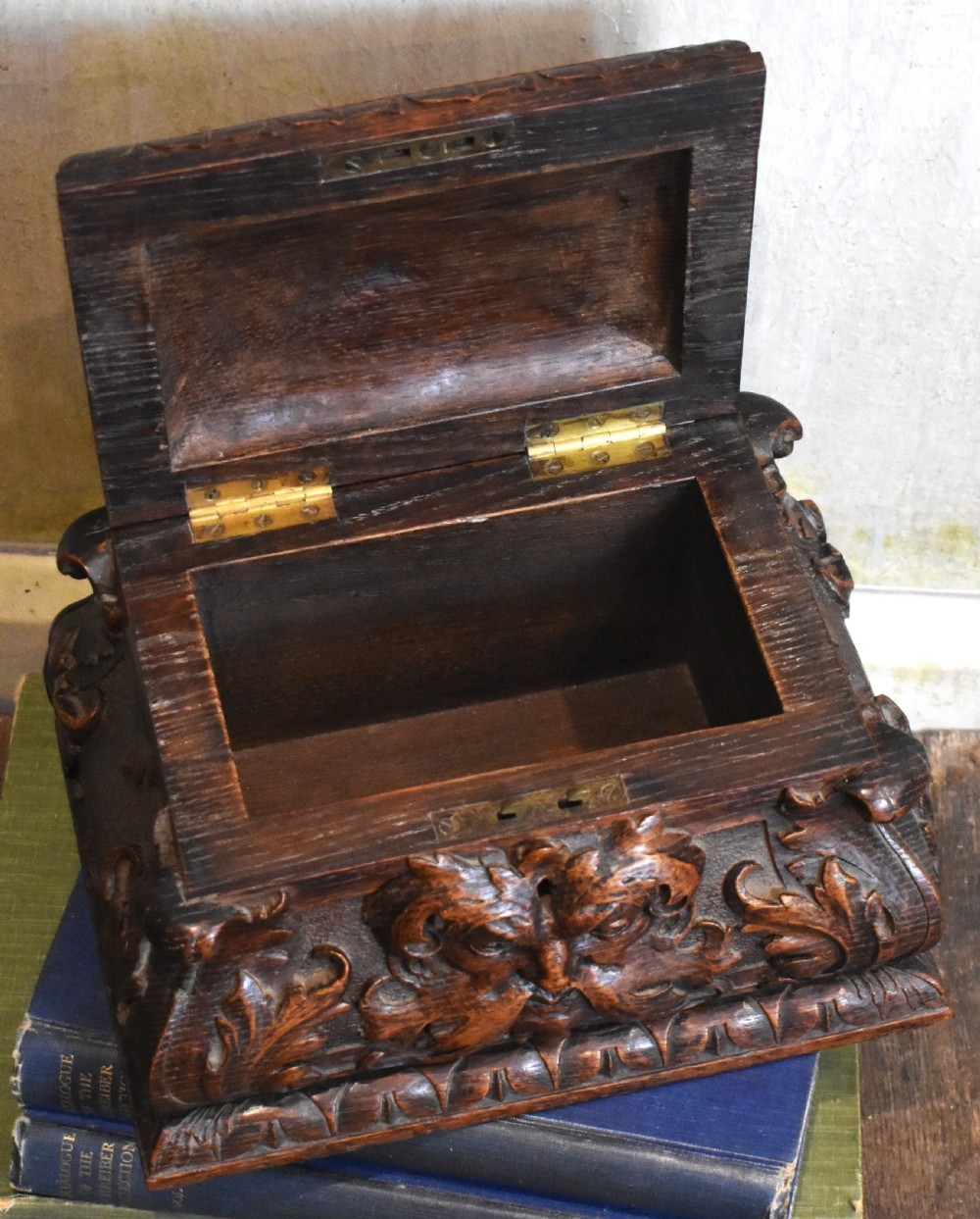Green man carved oak Gothic revival casket View VI