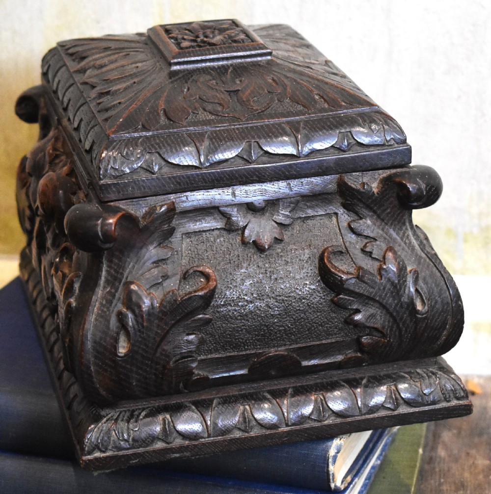 Green man carved oak Gothic revival casket View VII
