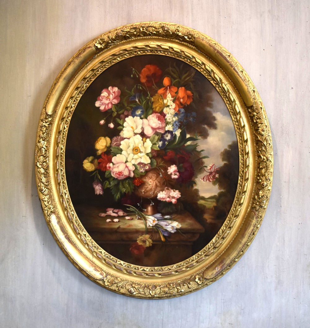 Large Victorian still life oil painting of a vase of flowers