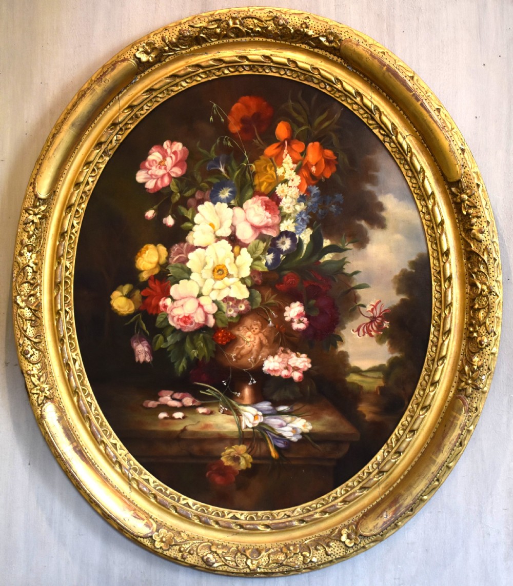 Large Victorian still life oil painting of a vase of flowers View II