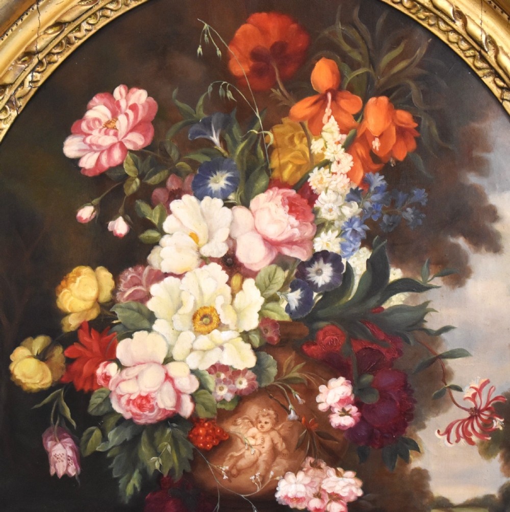 Large Victorian still life oil painting of a vase of flowers View III
