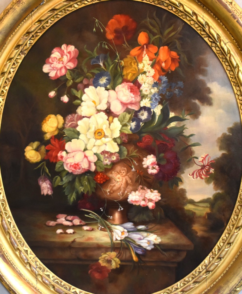 Large Victorian still life oil painting of a vase of flowers View IV