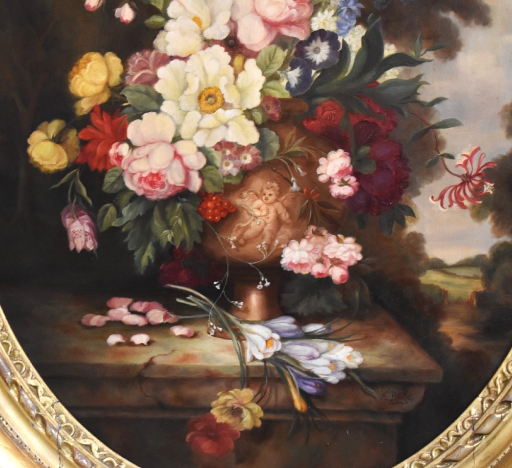 Large Victorian still life oil painting of a vase of flowers View V