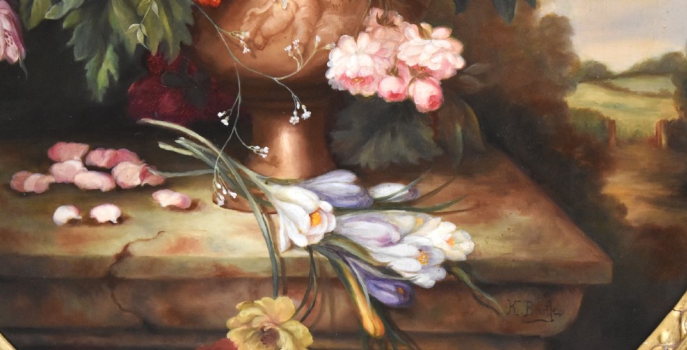 Large Victorian still life oil painting of a vase of flowers View VI