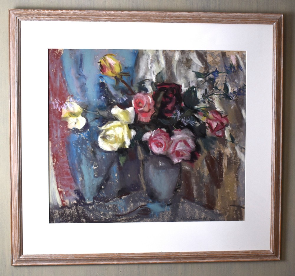 A framed pastel still life artwork depicting yellow, pink, and dark red roses in a grey vase against a blue backdrop. View II