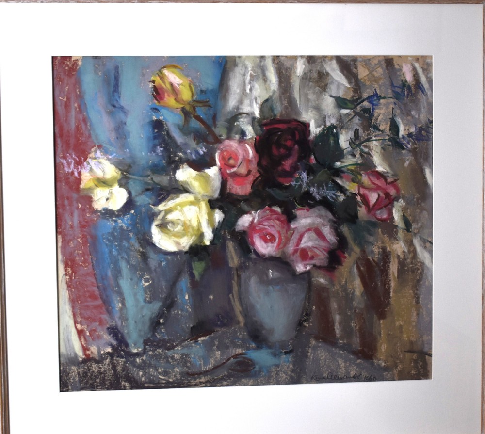 A framed pastel still life artwork depicting yellow, pink, and dark red roses in a grey vase against a blue backdrop. View III