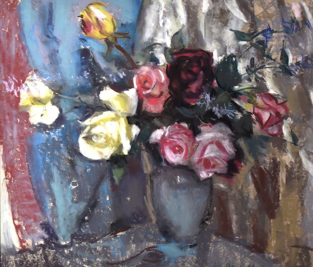 A framed pastel still life artwork depicting yellow, pink, and dark red roses in a grey vase against a blue backdrop. View IV