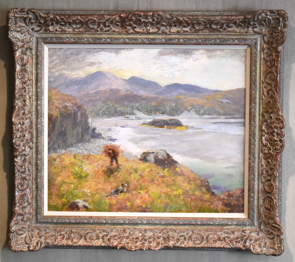 An impressionistic oil painting depicting a coastal landscape with distant mountains, framed in a carved metallic gilded frame. View II