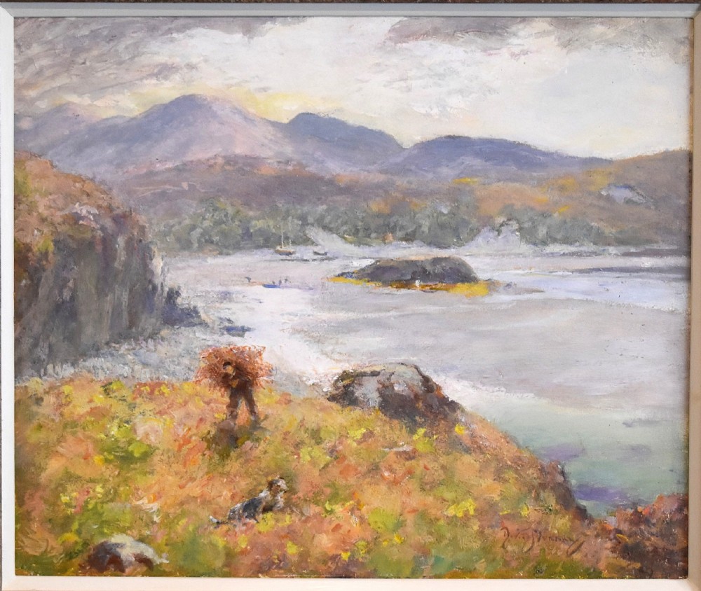 An impressionistic oil painting depicting a coastal landscape with distant mountains, framed in a carved metallic gilded frame. View III