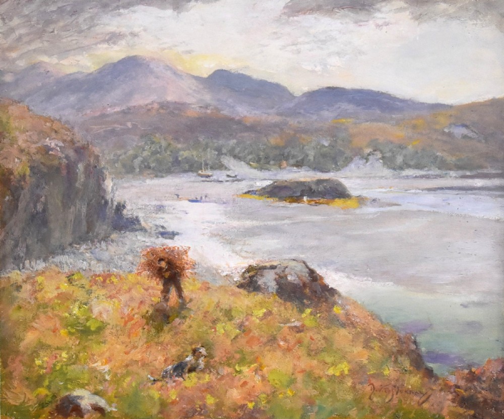 An impressionistic oil painting depicting a coastal landscape with distant mountains, framed in a carved metallic gilded frame. View IV