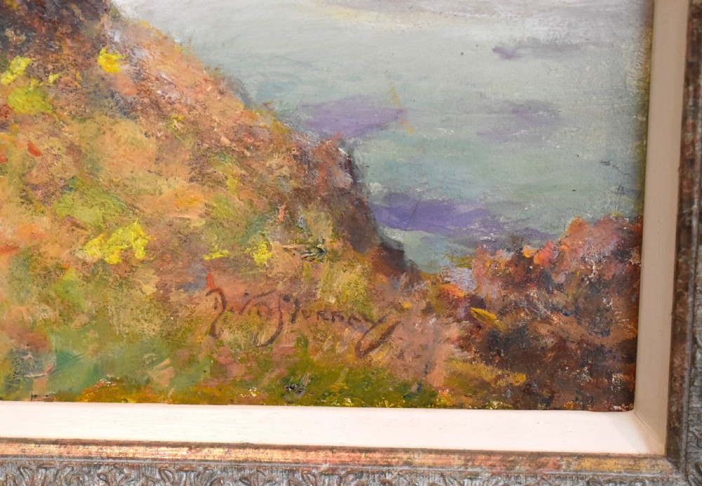 An impressionistic oil painting depicting a coastal landscape with distant mountains, framed in a carved metallic gilded frame. View V