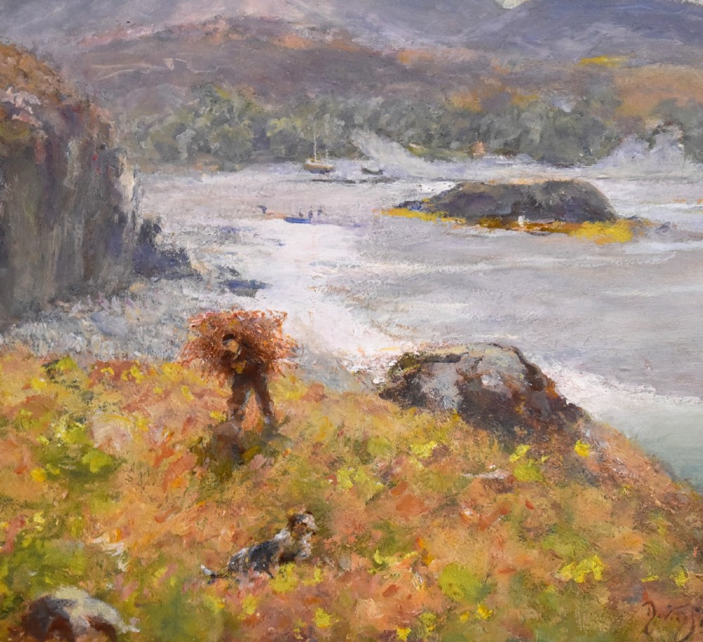 An impressionistic oil painting depicting a coastal landscape with distant mountains, framed in a carved metallic gilded frame. View VI