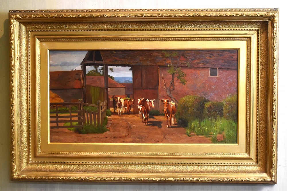 An oil painting depicting a herd of cattle entering a farmyard barn, presented within a wide gilded wooden frame. View II