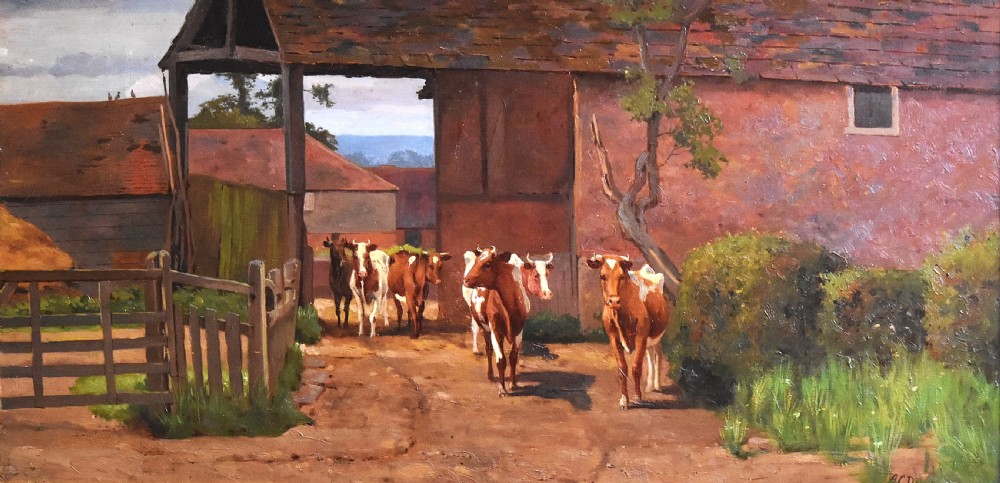 An oil painting depicting a herd of cattle entering a farmyard barn, presented within a wide gilded wooden frame. View III