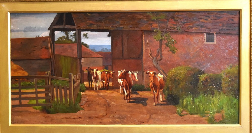 An oil painting depicting a herd of cattle entering a farmyard barn, presented within a wide gilded wooden frame. View IV