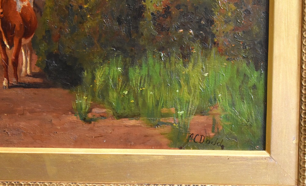 An oil painting depicting a herd of cattle entering a farmyard barn, presented within a wide gilded wooden frame. View V