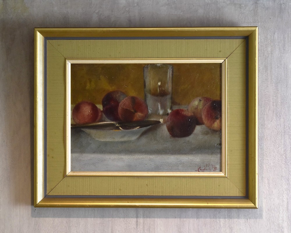 Still life oil painting of peaches