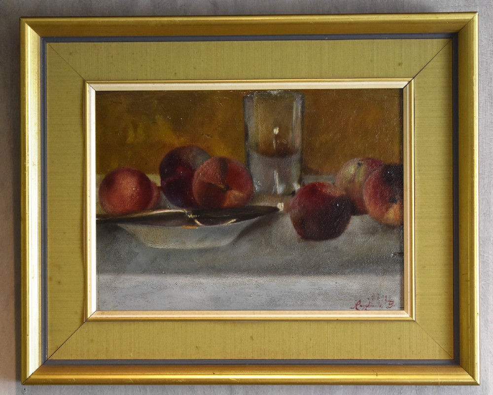 Still life oil painting of peaches View II