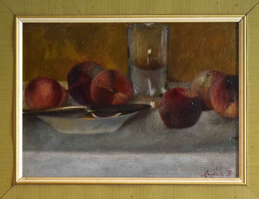 Still life oil painting of peaches View III