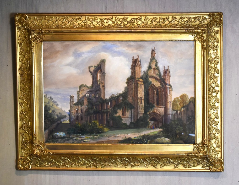 Large Victorian watercolour of the ruins of Kirkstall Abbey, Leeds