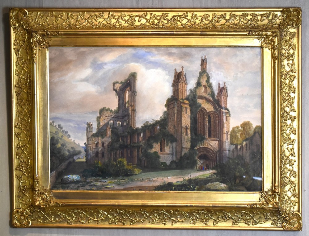 Large Victorian watercolour of the ruins of Kirkstall Abbey, Leeds View II