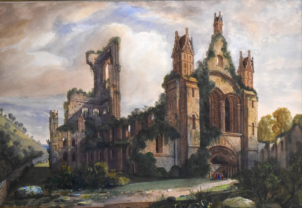 Large Victorian watercolour of the ruins of Kirkstall Abbey, Leeds View III