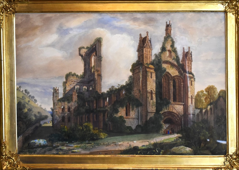 Large Victorian watercolour of the ruins of Kirkstall Abbey, Leeds View V