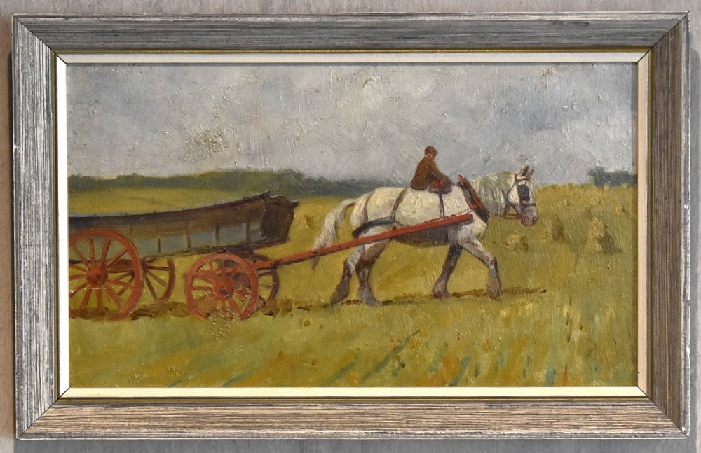 A framed horizontal oil painting depicting a grey draft horse pulling a brown wooden cart across a green field under a cloudy grey sky. View II
