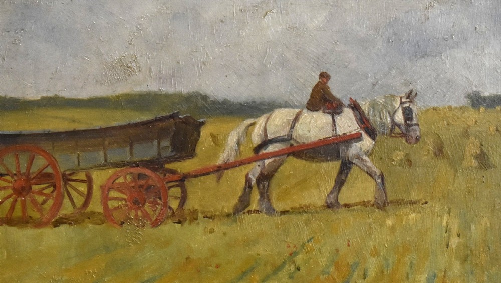 A framed horizontal oil painting depicting a grey draft horse pulling a brown wooden cart across a green field under a cloudy grey sky. View III