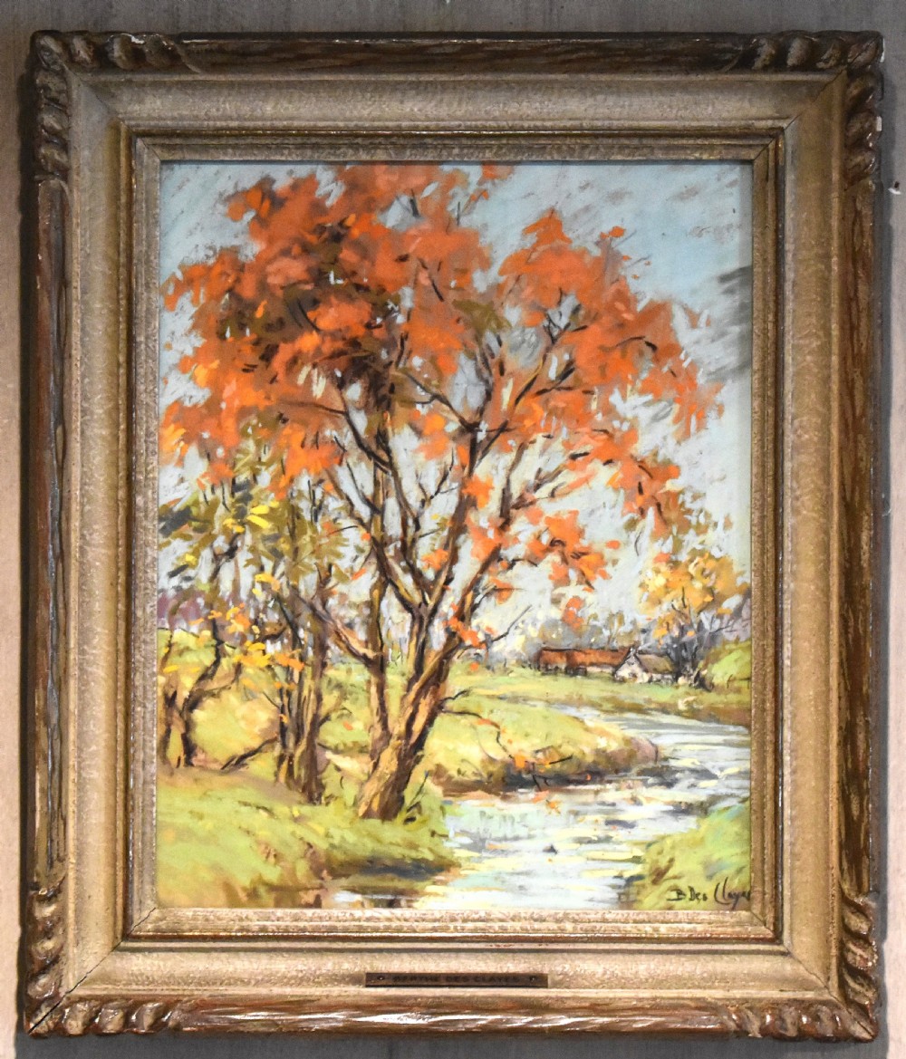 A framed original pastel landscape painting depicting autumn trees with orange foliage beside a winding river by Berthe des Clayes. View II